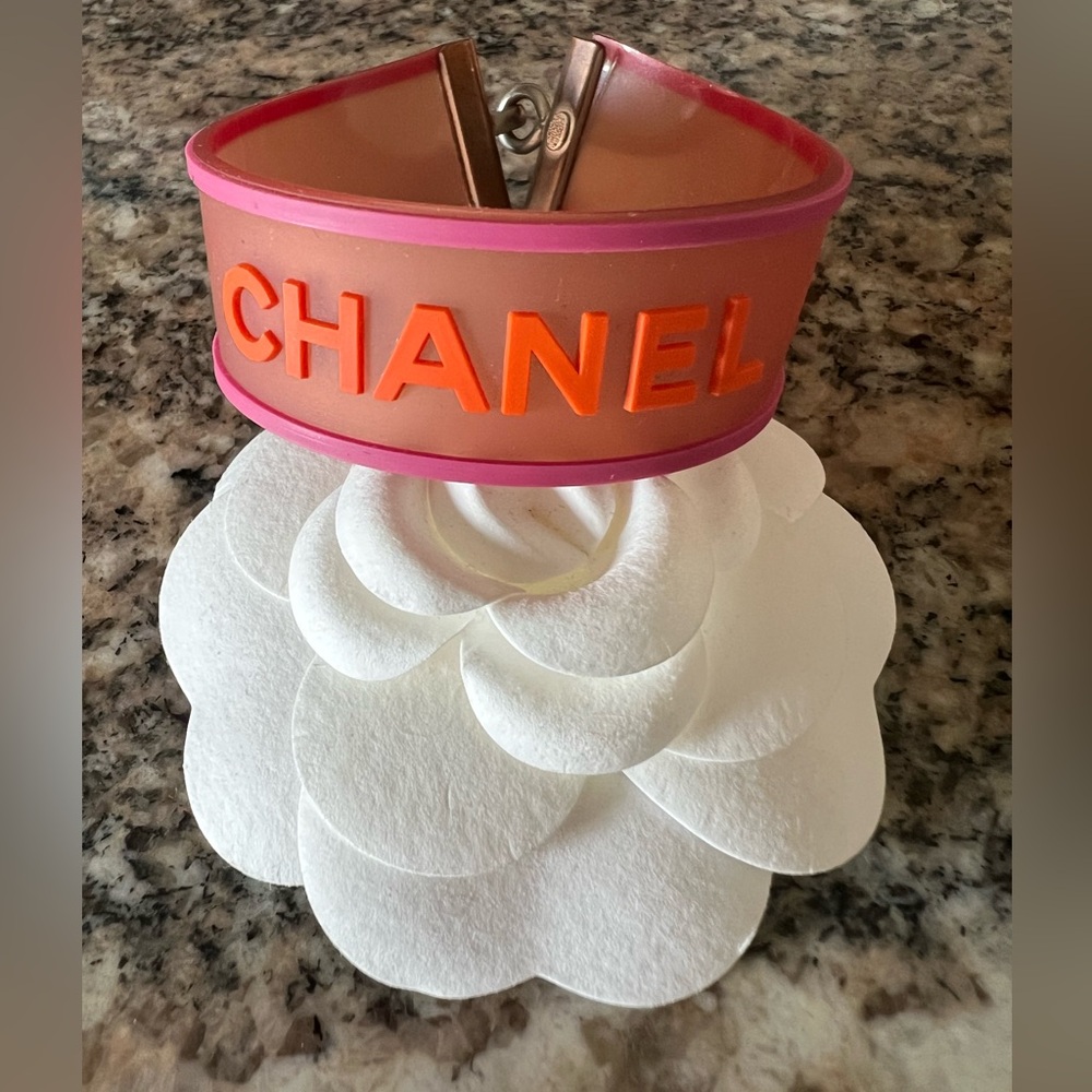 Chanel Vintage Silicone and Palladium Logo Bracelet